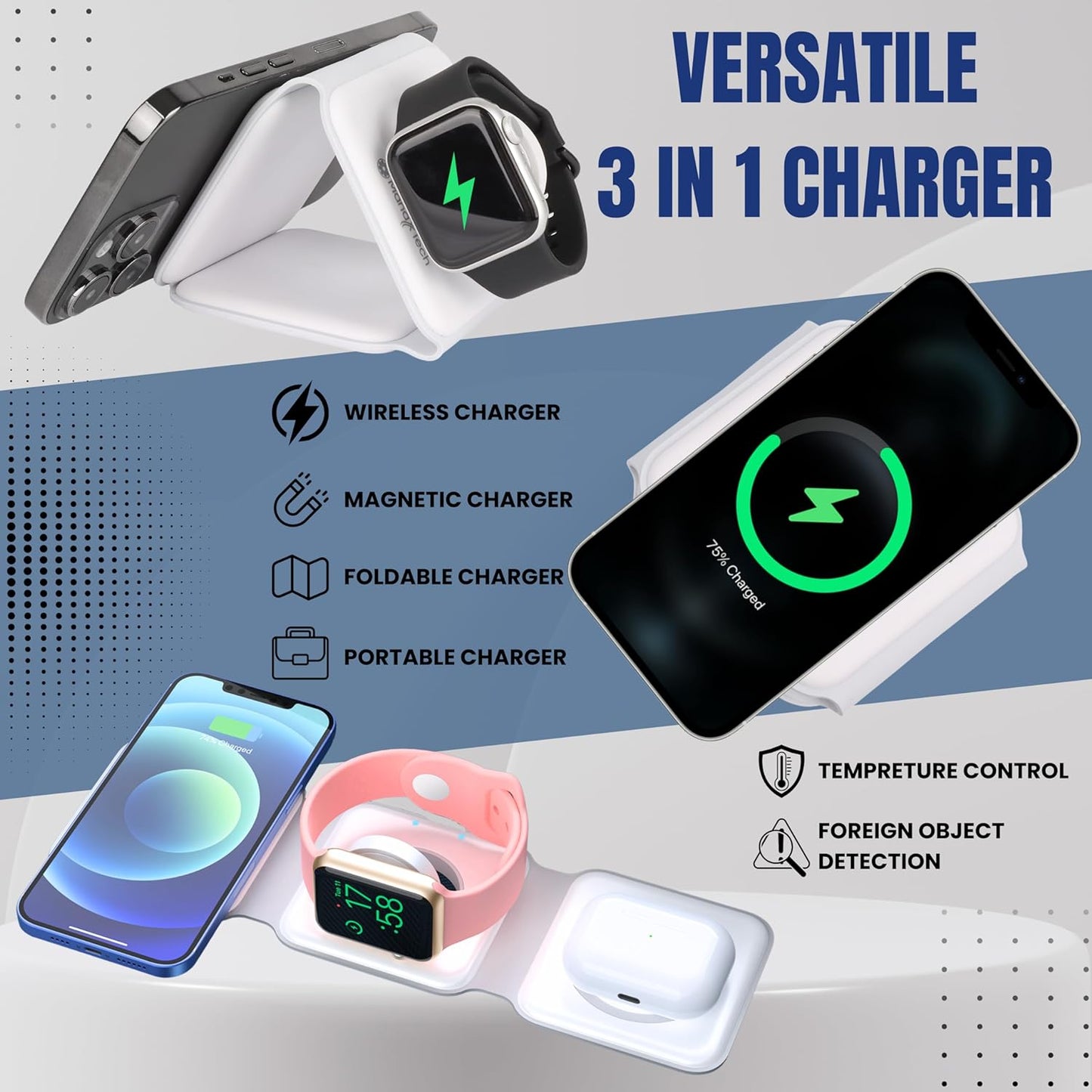 Foldable 3 in 1 Magnetic Wireless Charger- Iphone Comapitble